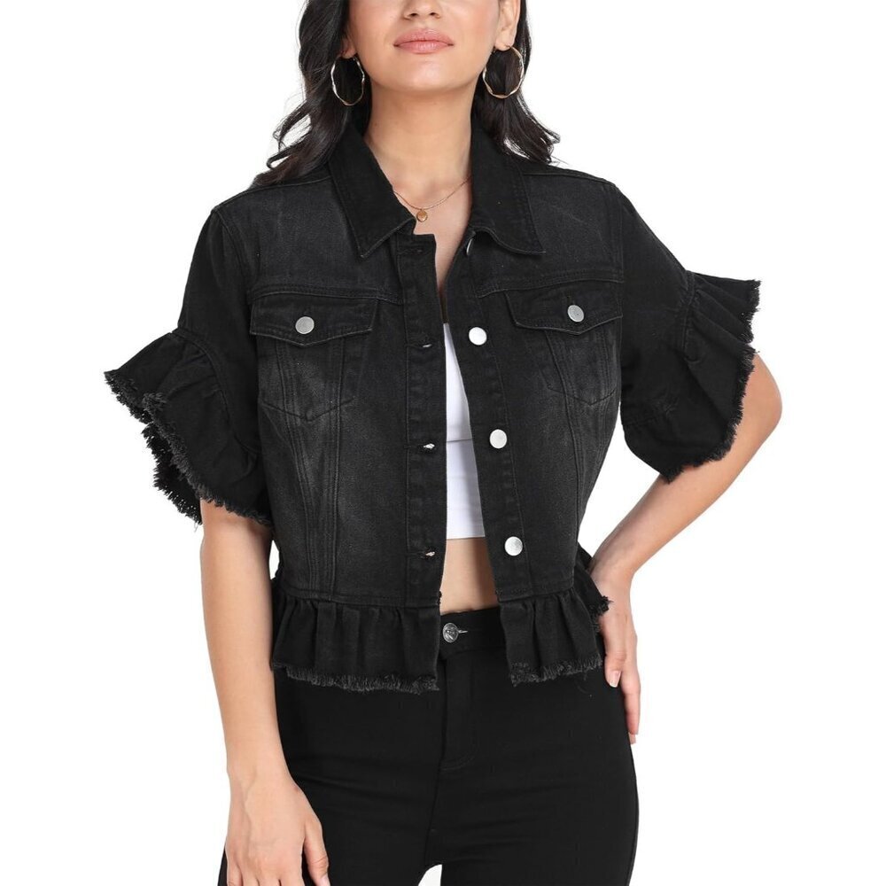 🆕Women’s Black MISS MOLY Denim Jacket Ruffle Sleeve Cropped Distressed
